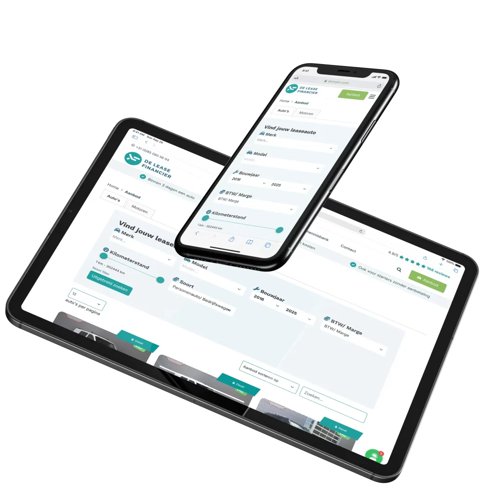 Tablet en smartphone met leasezoeker tool.