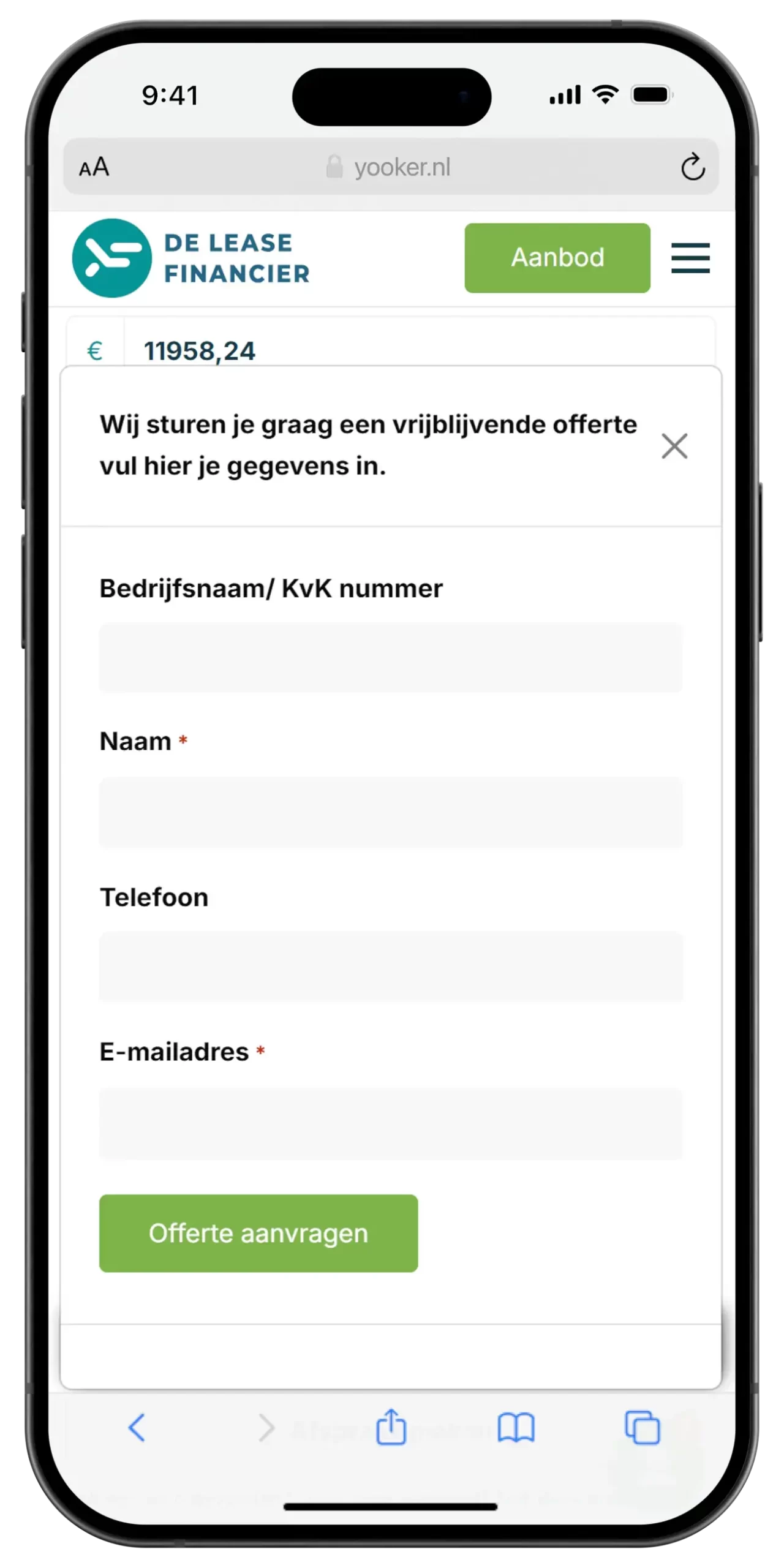 Formulier voor offerteaanvraag op smartphone scherm.