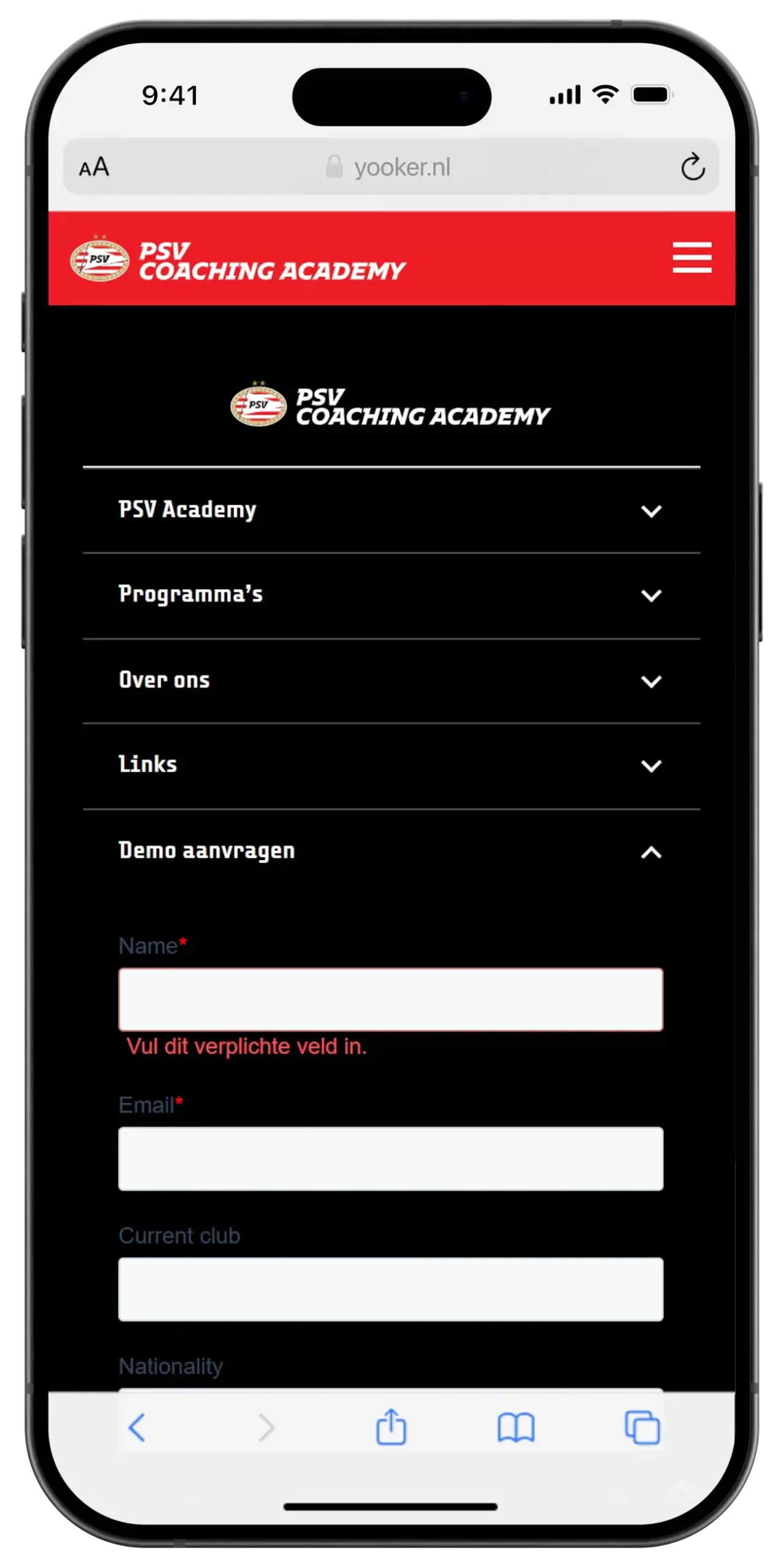 Mobiele site van PSV Coaching Academy formulier
