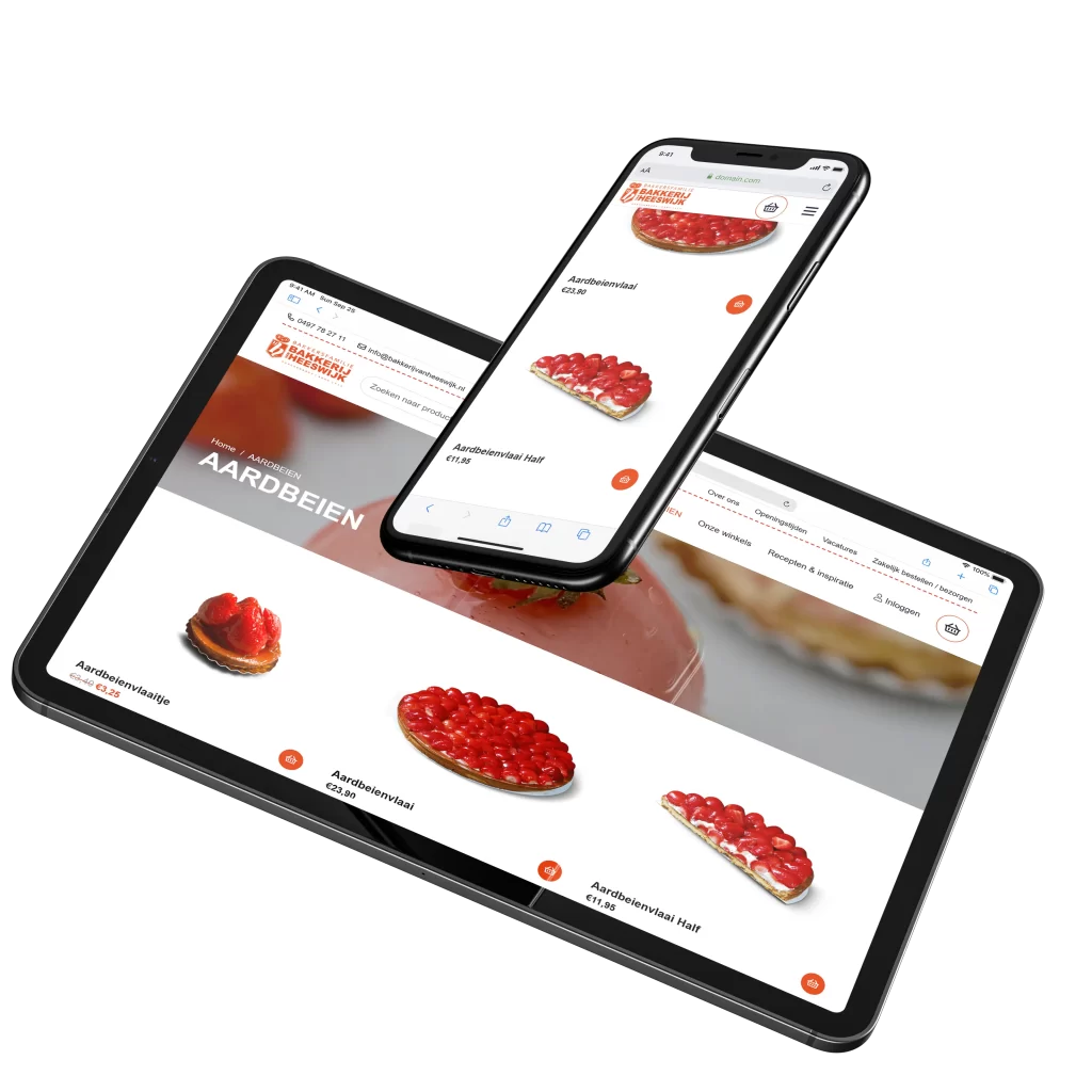 Website met aardbeientaarten op telefoon en tablet.
