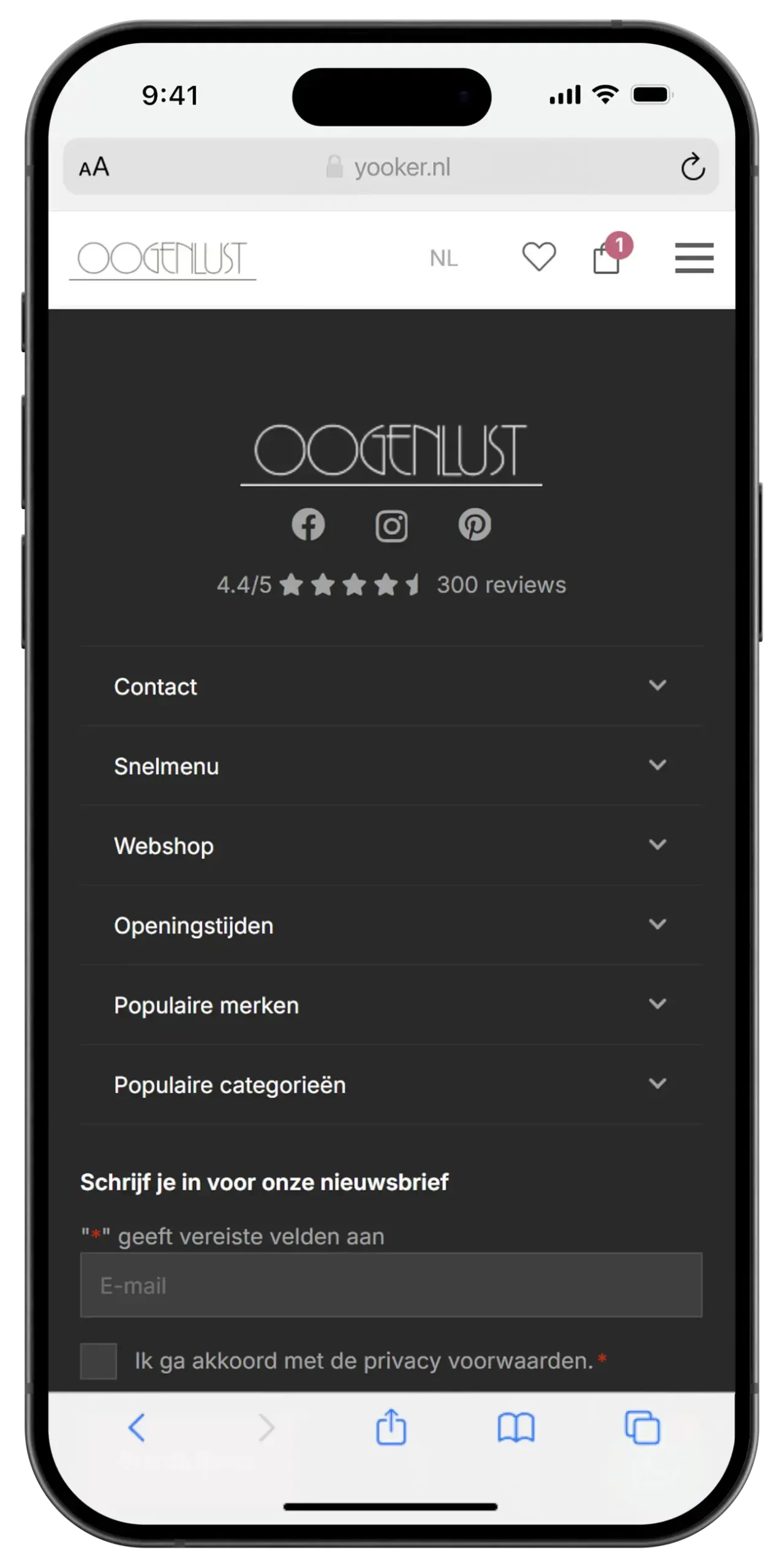 Oogenlust website met contact en menu opties.