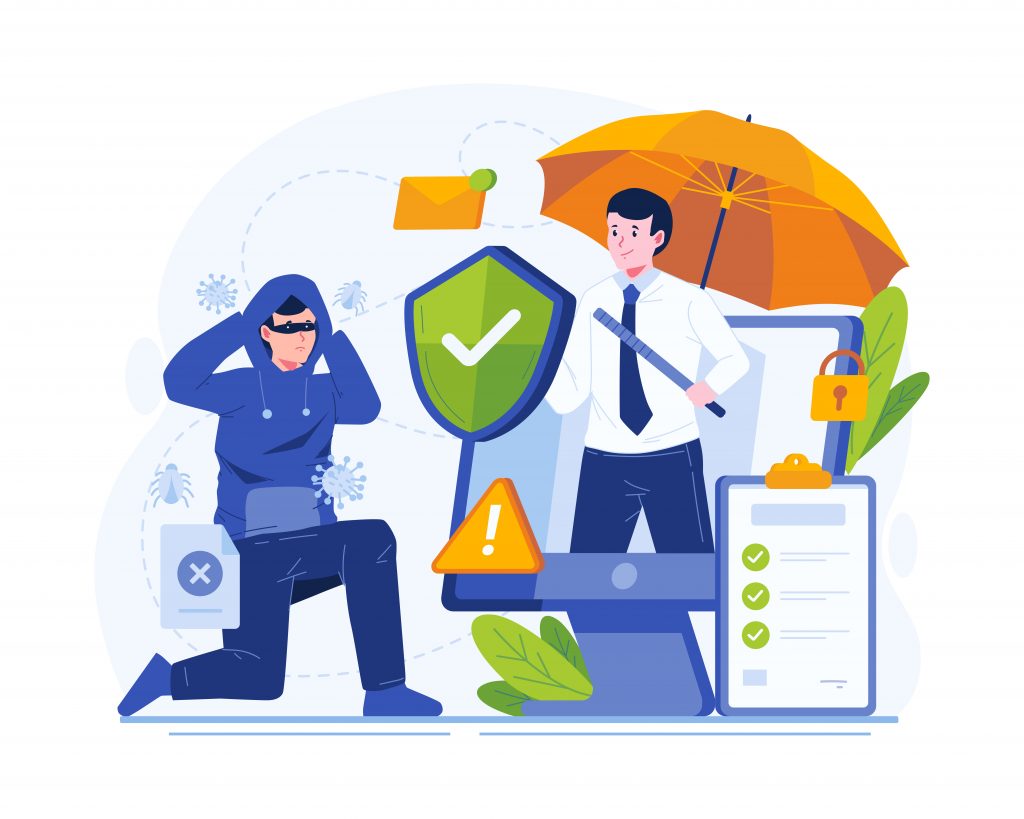 Illustratie cyberbeveiliging, hacker en bescherming met paraplu.