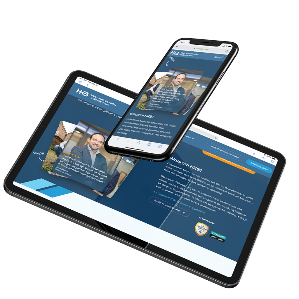 Tablet en telefoon met bedrijfswebsite op schermen.