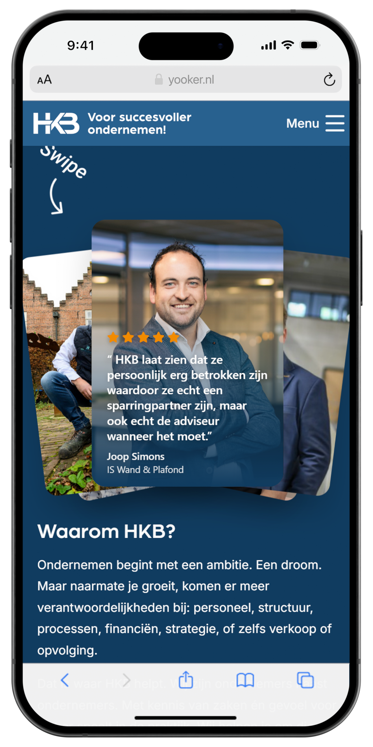 HKB logo en ondernemer testimonaal op mobiele website
